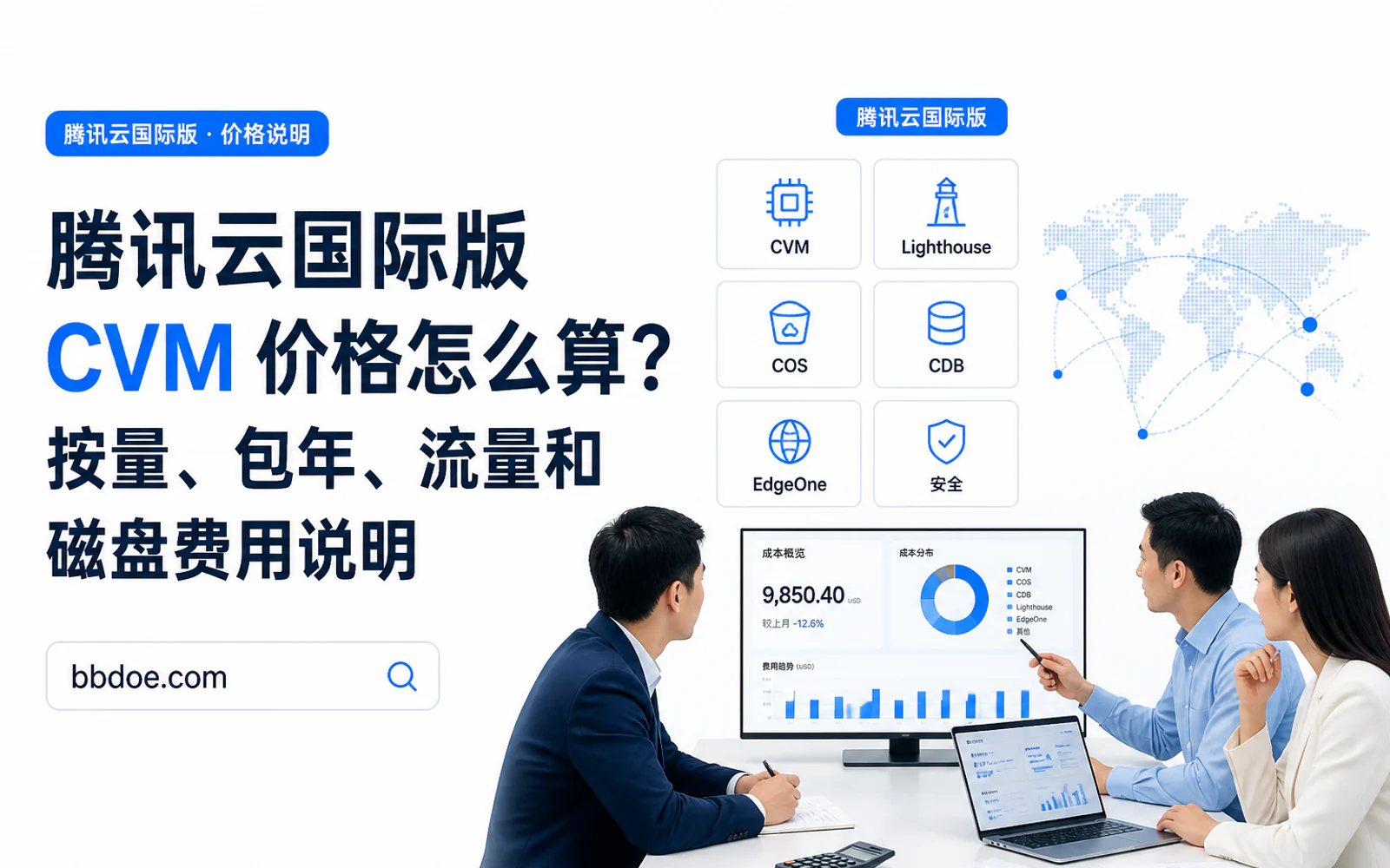 企业团队在会议桌前查看云服务器成本和 TCO 规划图表